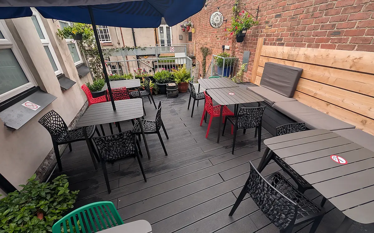 Outdoor terrace seating at Greedy Banker in Cleveleys